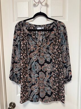 Kim Rogers Black Teal & Rust Paisley Peasant Top